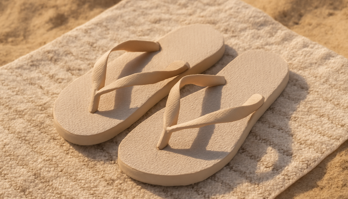 tongs posées sur un tapis de plage