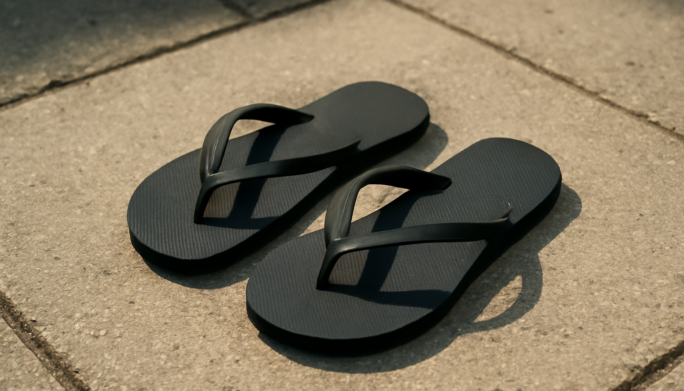 tongs posees sur trottoir urbain ensoleille
