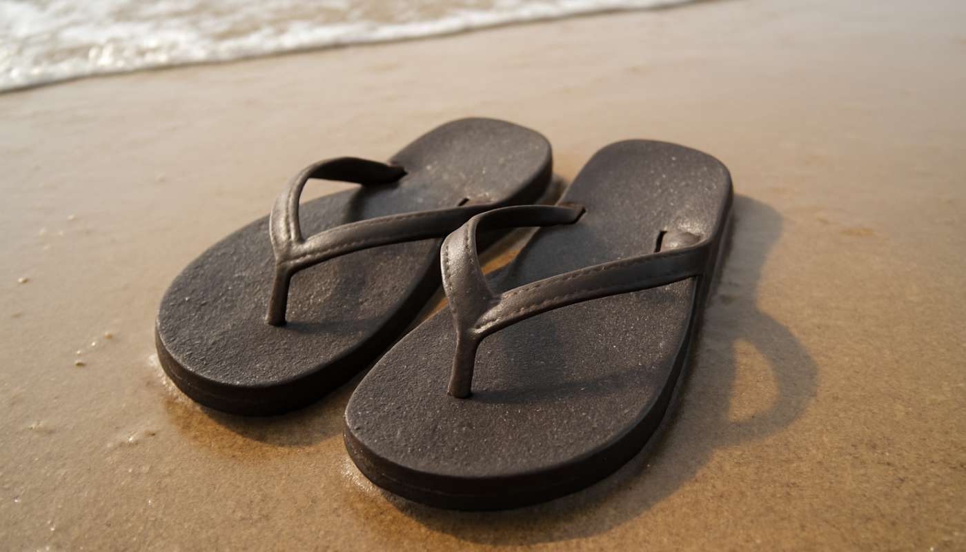 tongs posées sur un sable mouillé