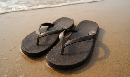 tongs posées sur un sable mouillé
