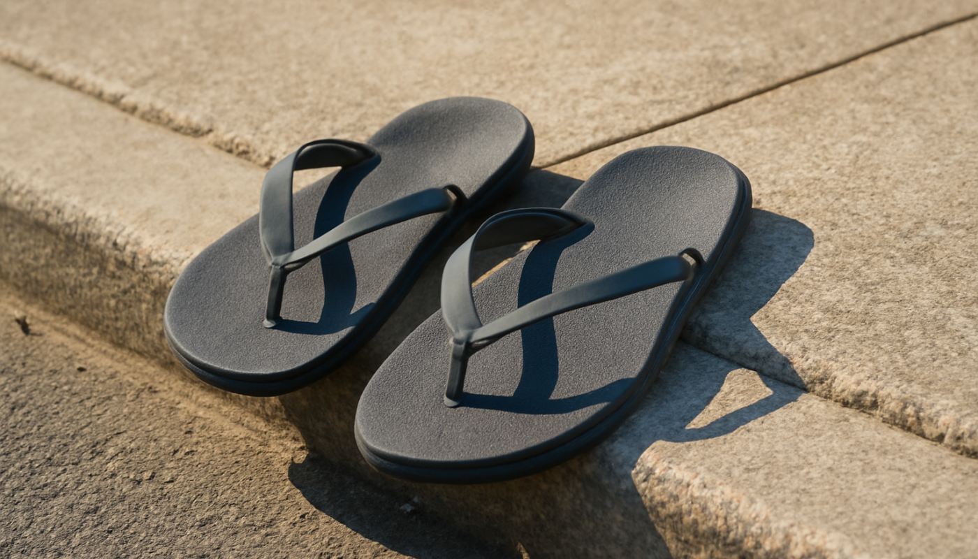 tongs posées sur bord de trottoir ensoleillé