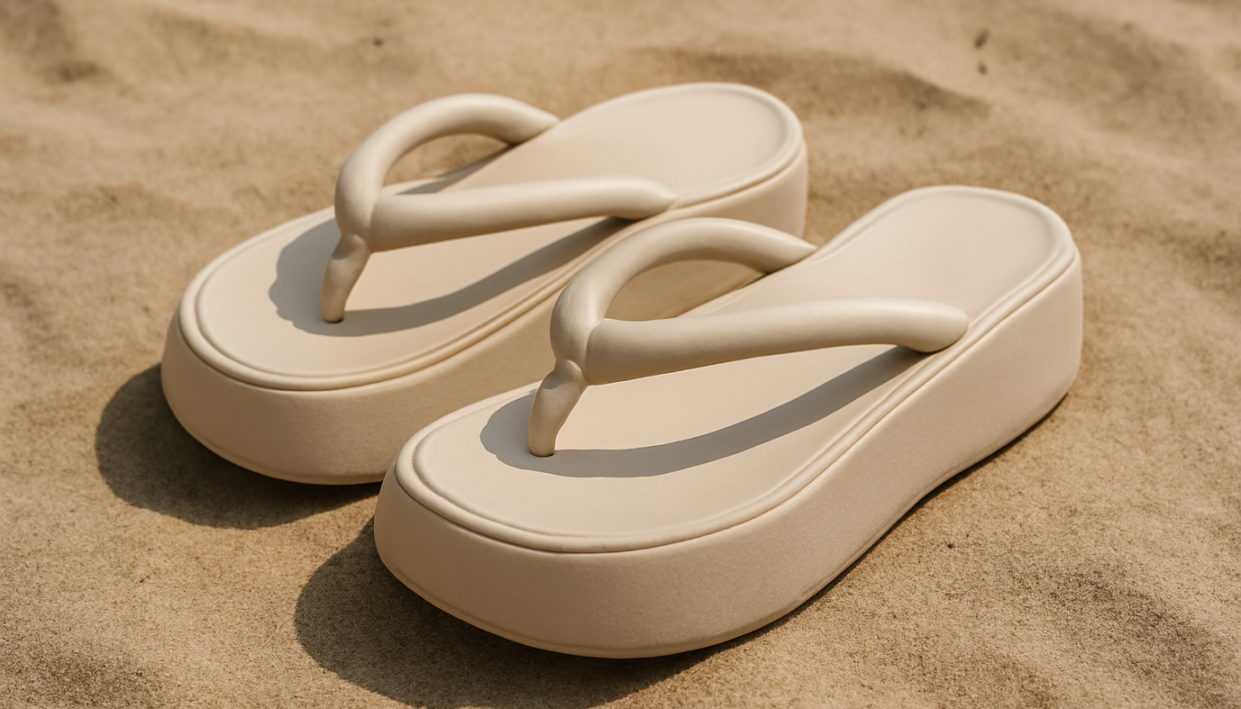 tongs a semelle epaisse posees sur sable