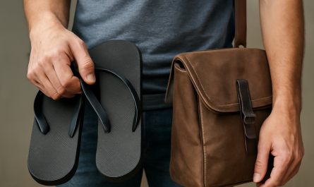 personne tenant des tongs pres d'une sacoche