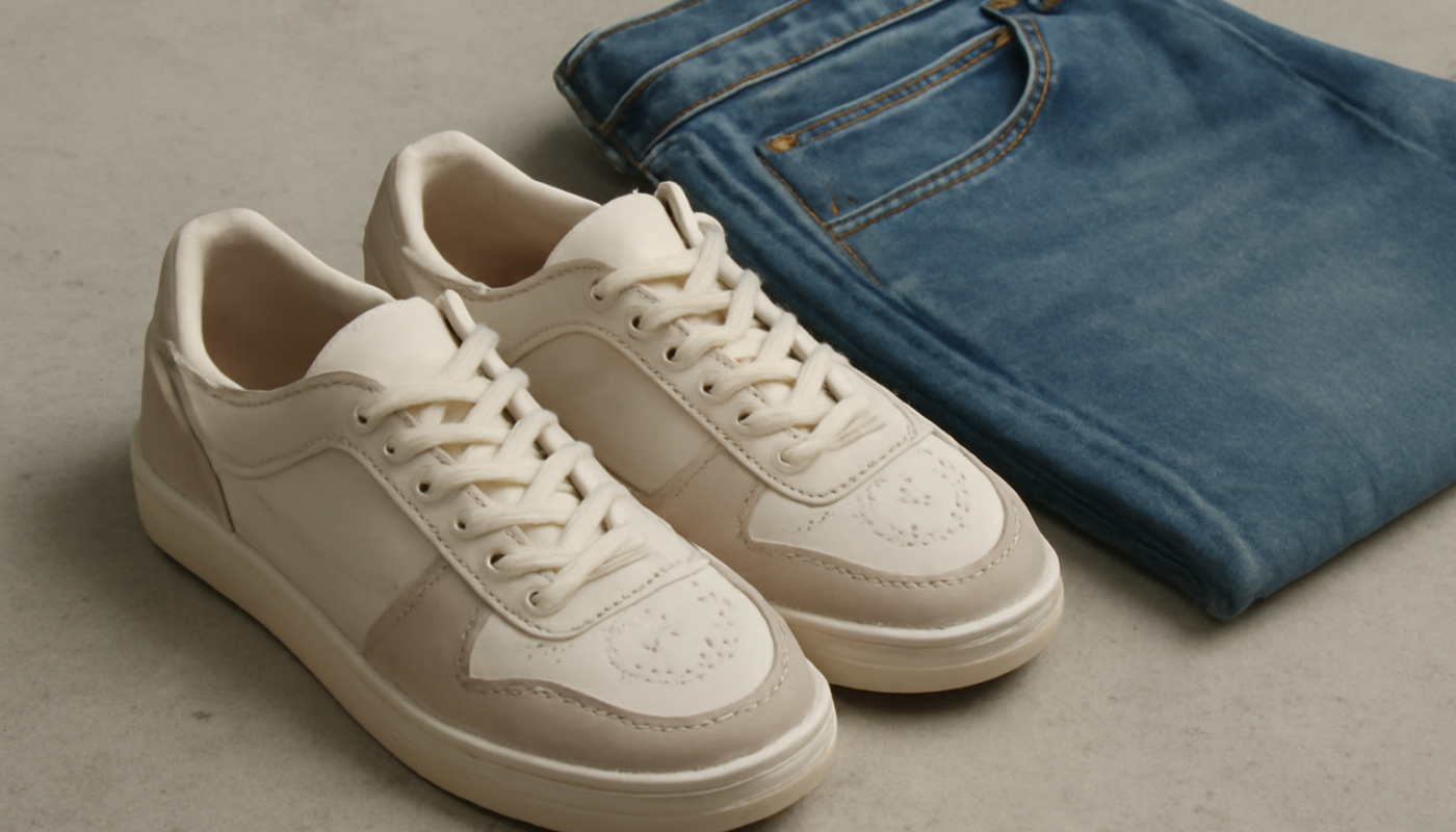 baskets posées près d'un jean décontracté