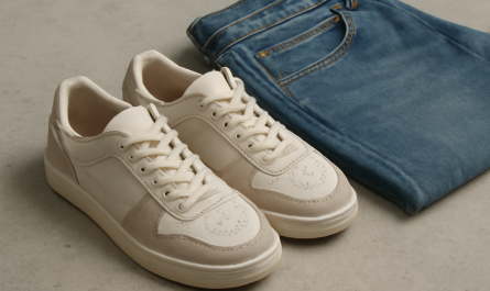 baskets posées près d'un jean décontracté