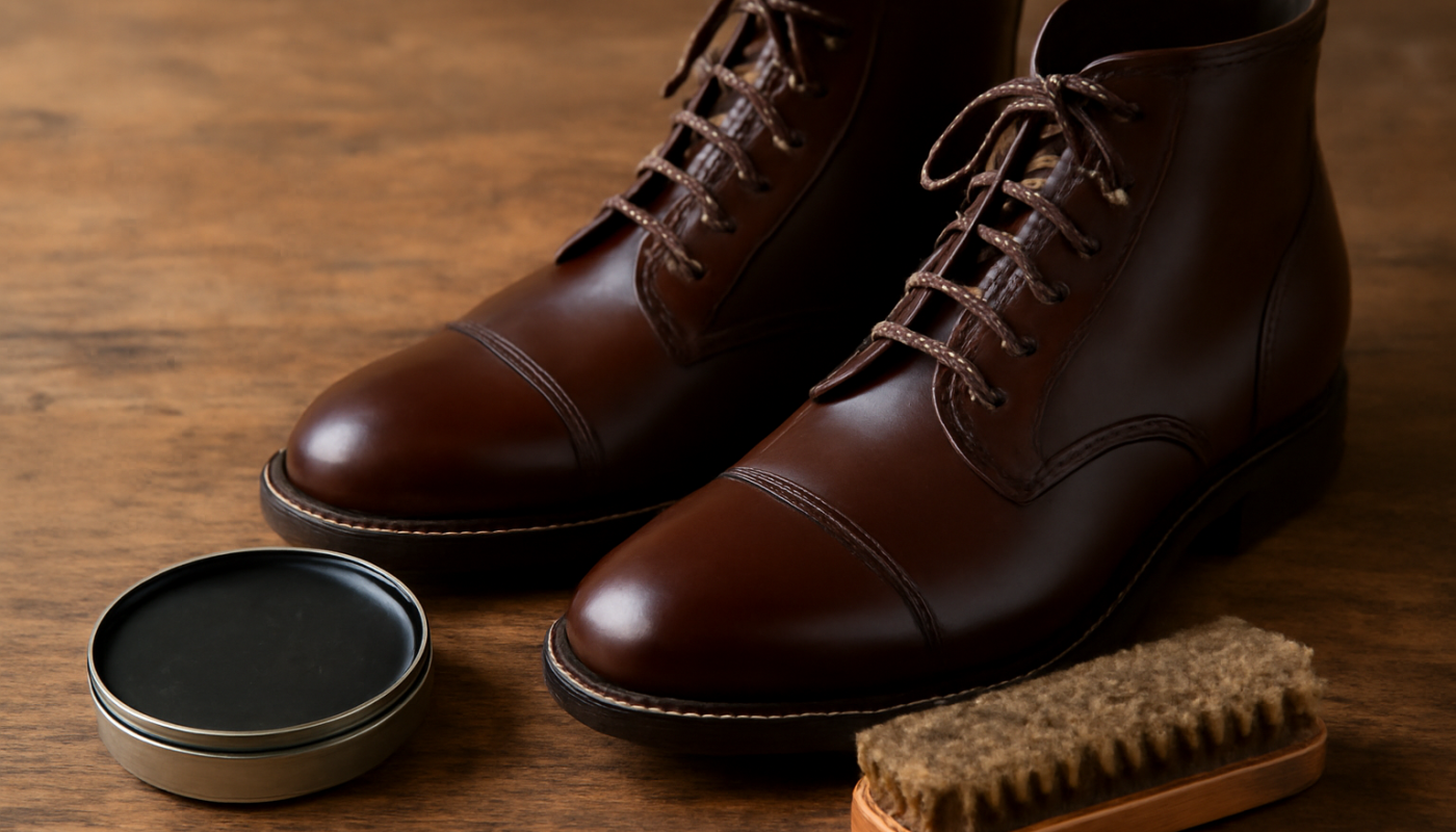 brosse et cirage à côté de bottines