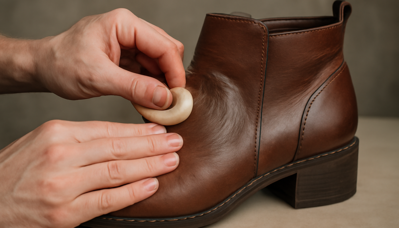 mains assouplissant une bottine en cuir