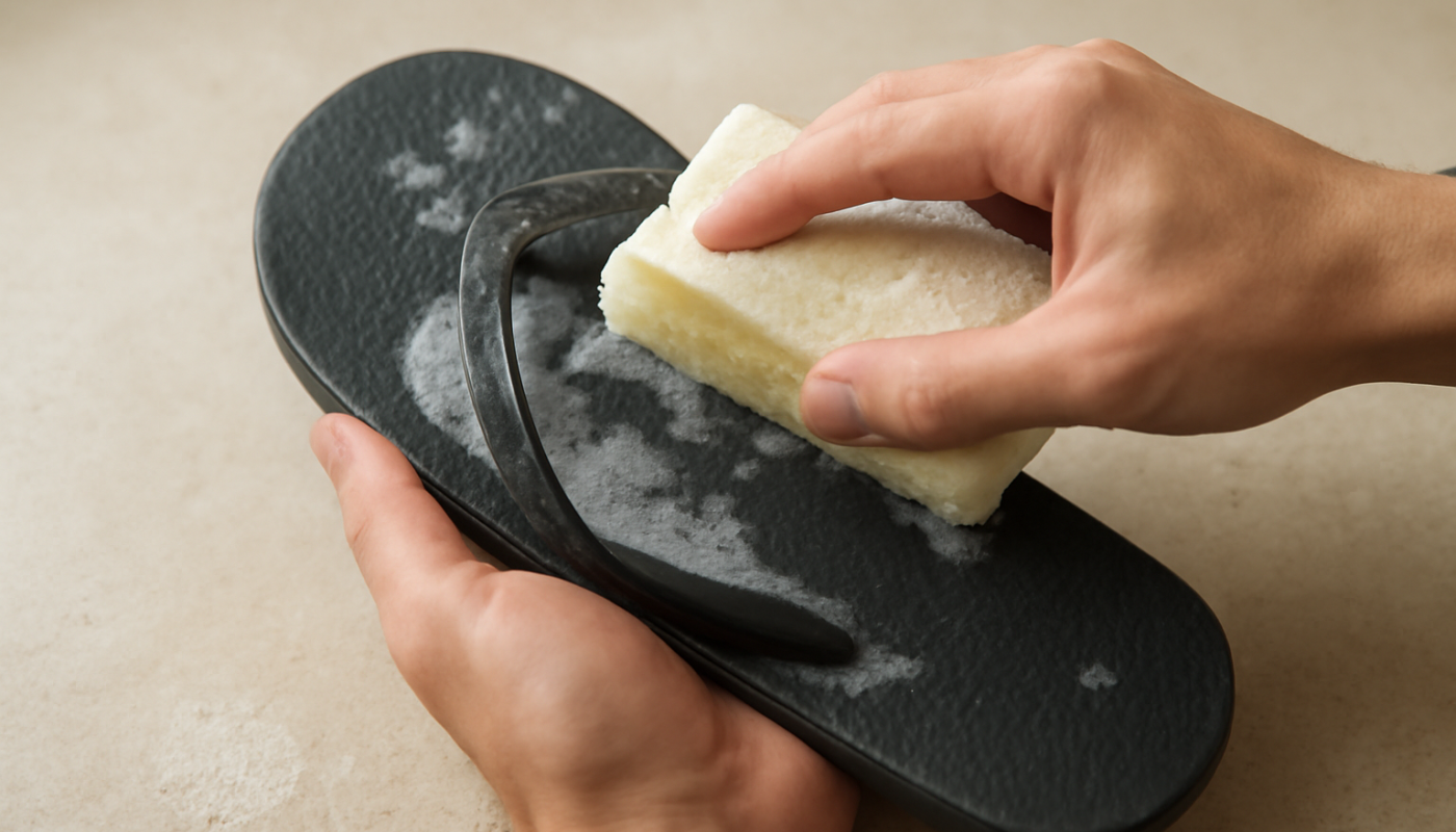 mains nettoyant une paire de tongs