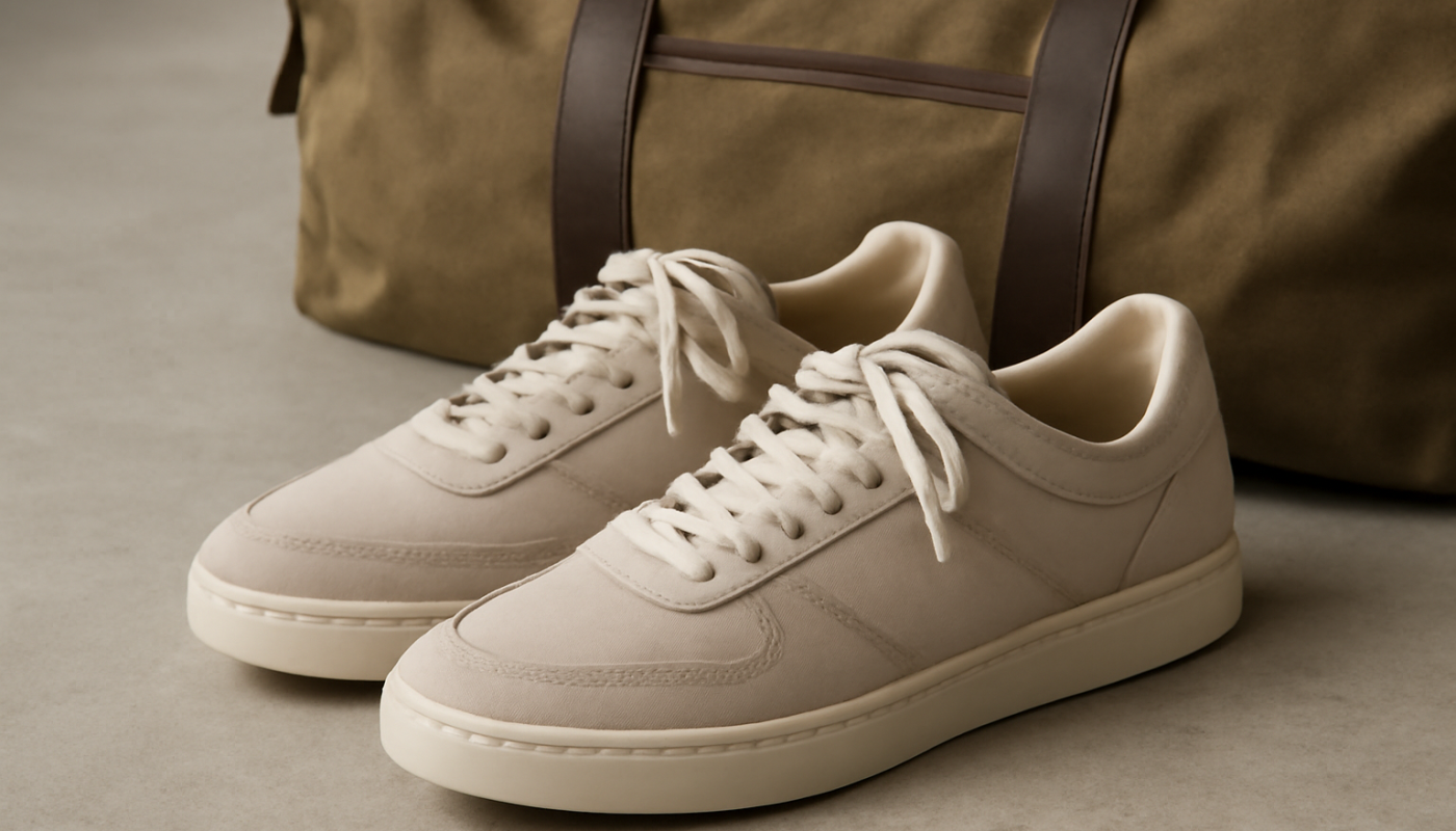 sneakers posées près d'un sac de voyage
