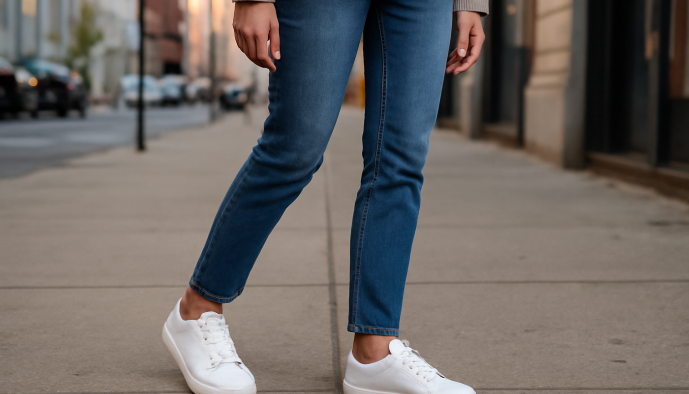 femme portant des baskets sur trottoir urbain