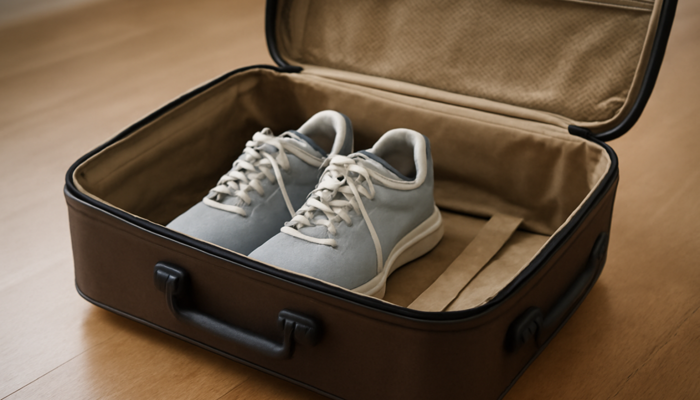 valise ouverte avec une paire de baskets