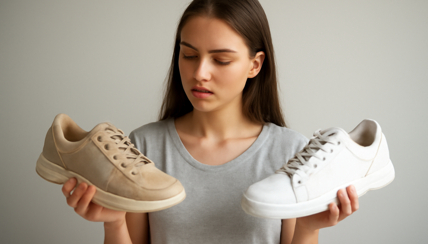 femme comparant deux paires de baskets