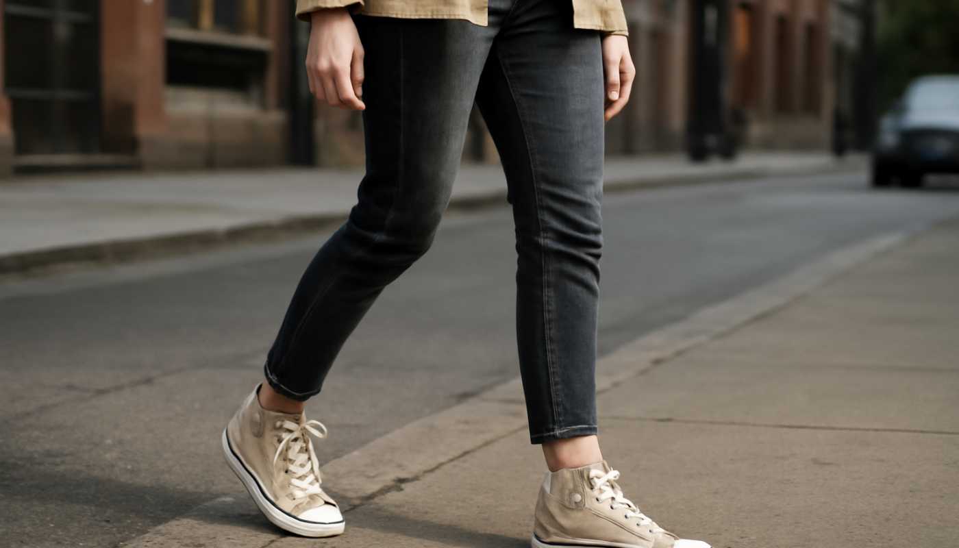 femme portant baskets montantes en rue