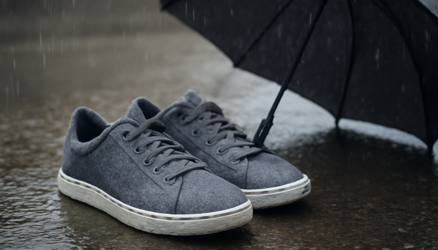 baskets sous une pluie légère près d'un parapluie