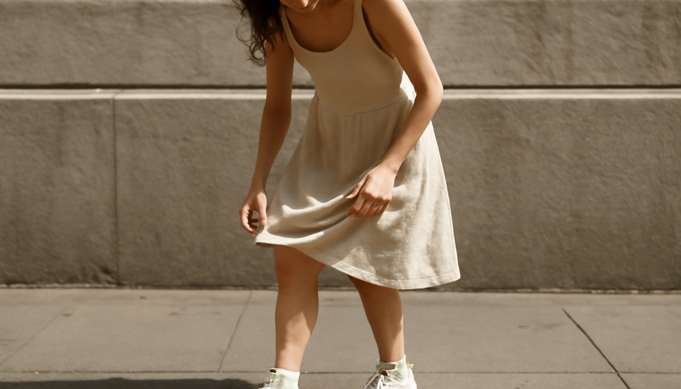 femme ajustant sa robe avec baskets hautes