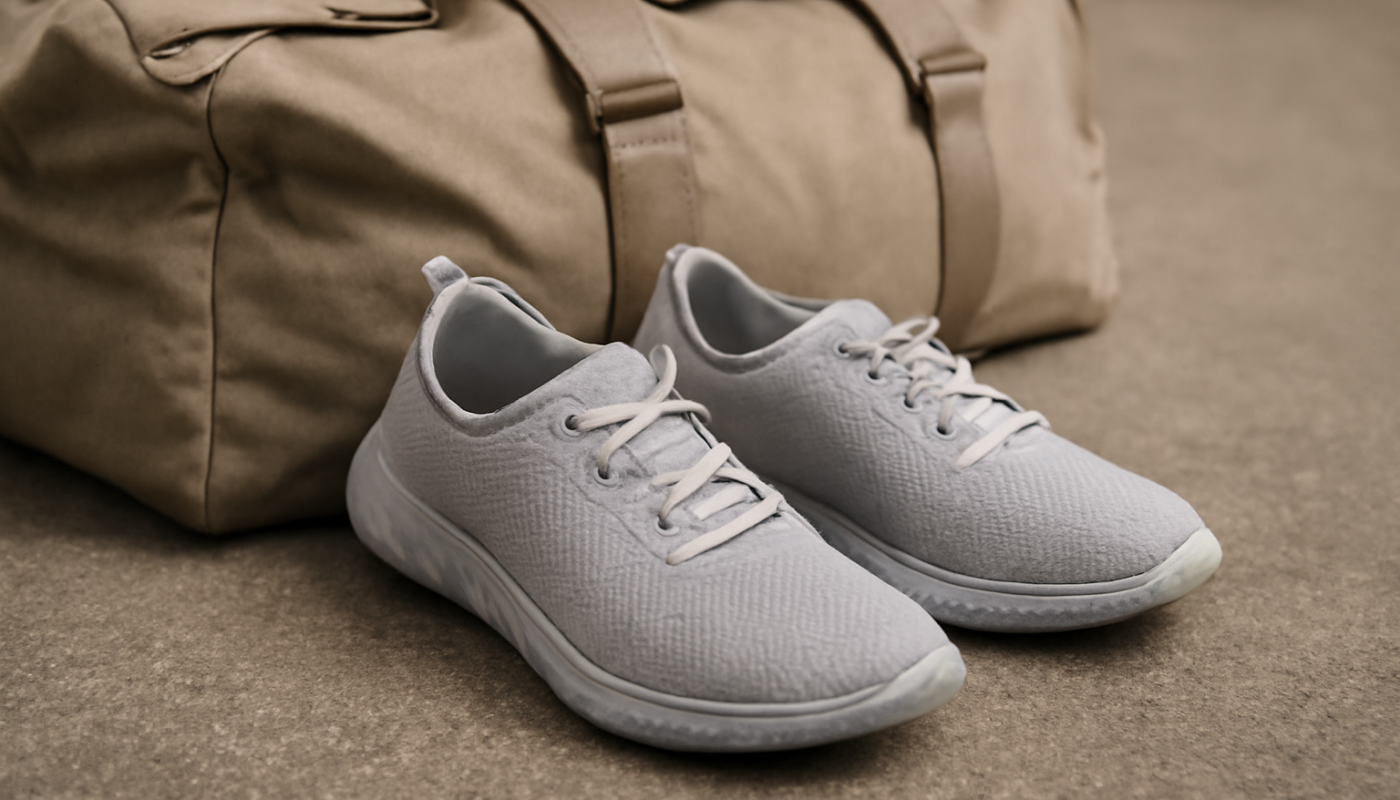 baskets pliables posees pres d_un sac de voyage