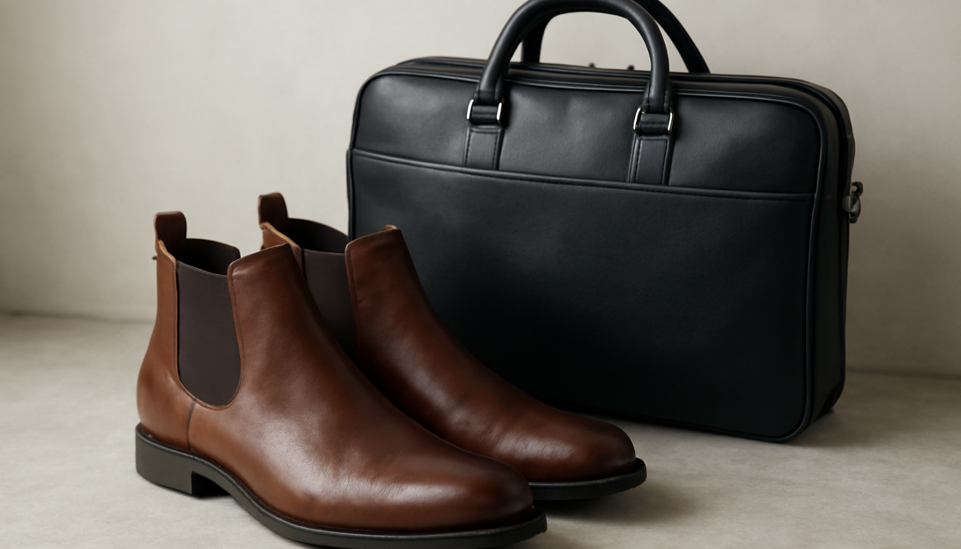 bottines posées près d'un sac de travail