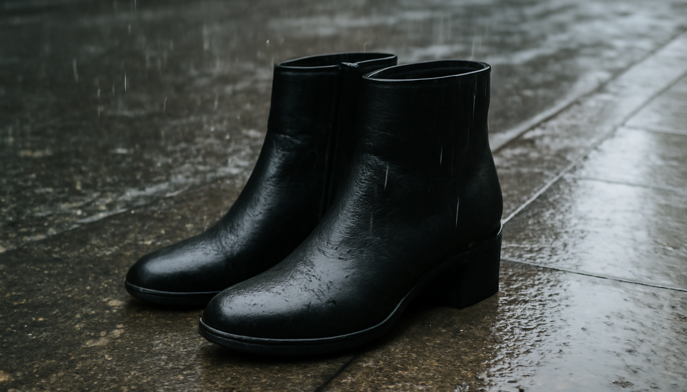 bottines sur trottoir mouillé sous pluie légère