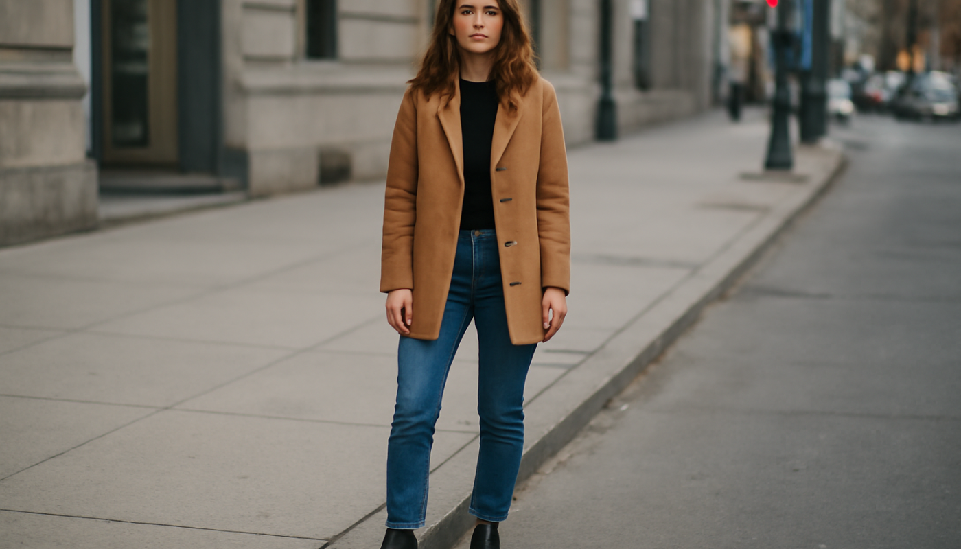 femme debout en bottines sur trottoir urbain