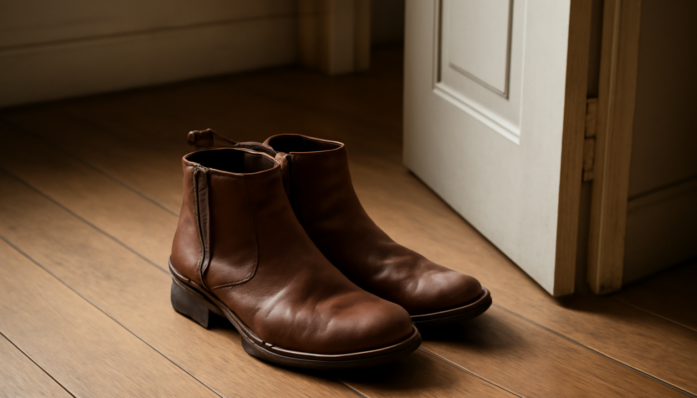 bottines posees pres d_une porte entrouverte