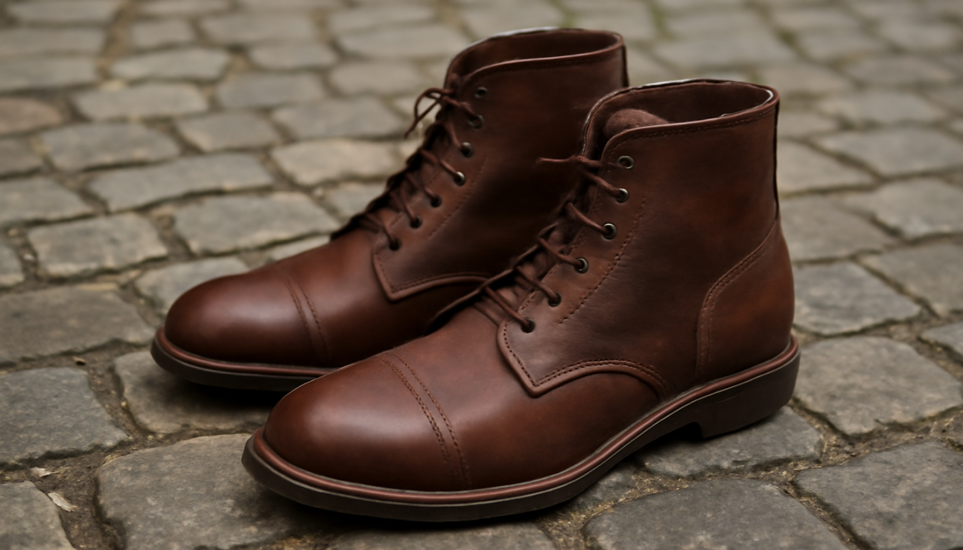 bottines en cuir sur sol pavé