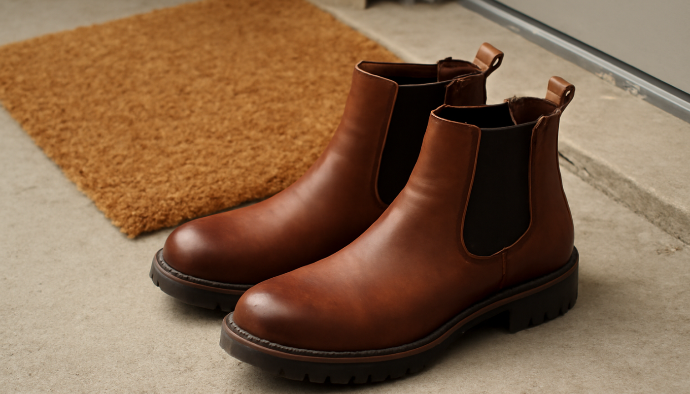 bottines posees pres d_un paillasson