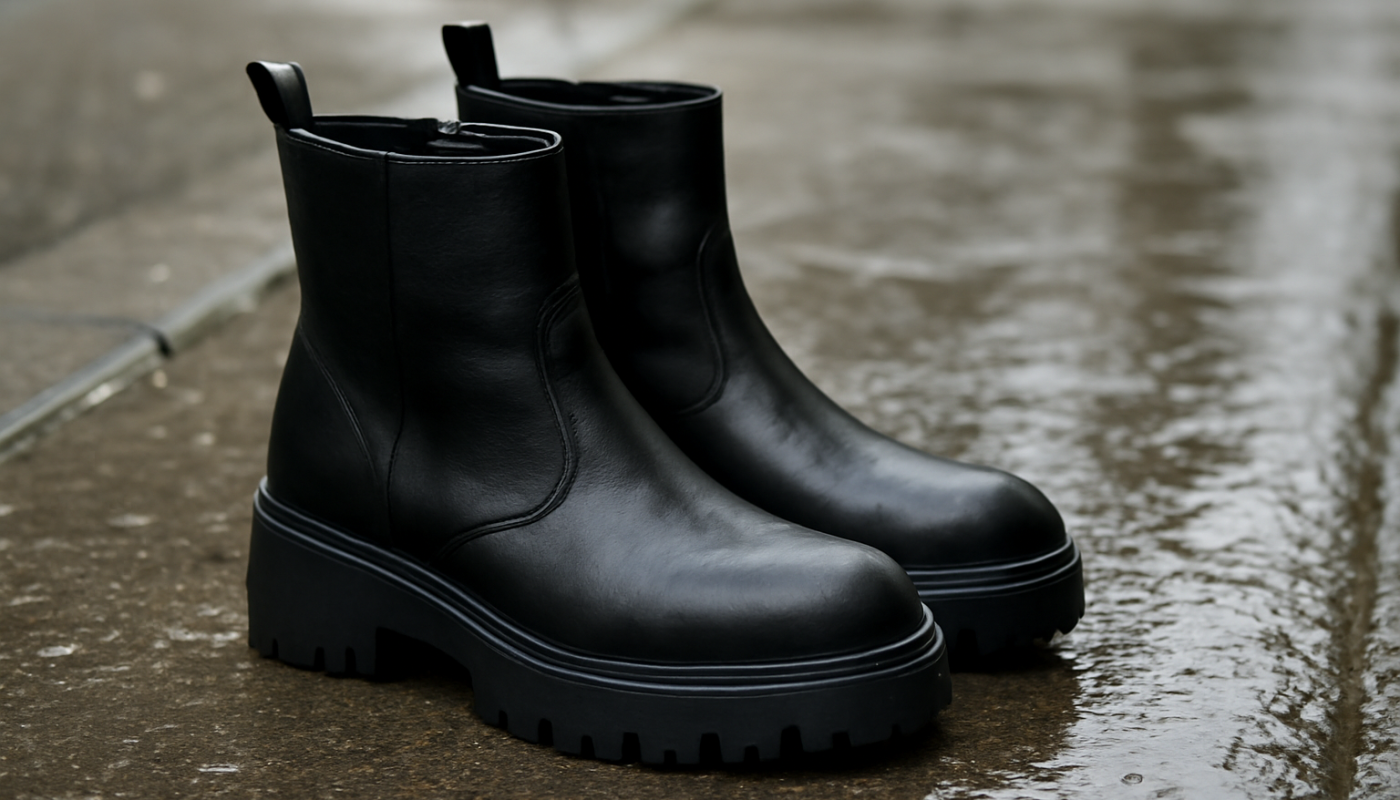bottines semelle crantée sur trottoir mouillé