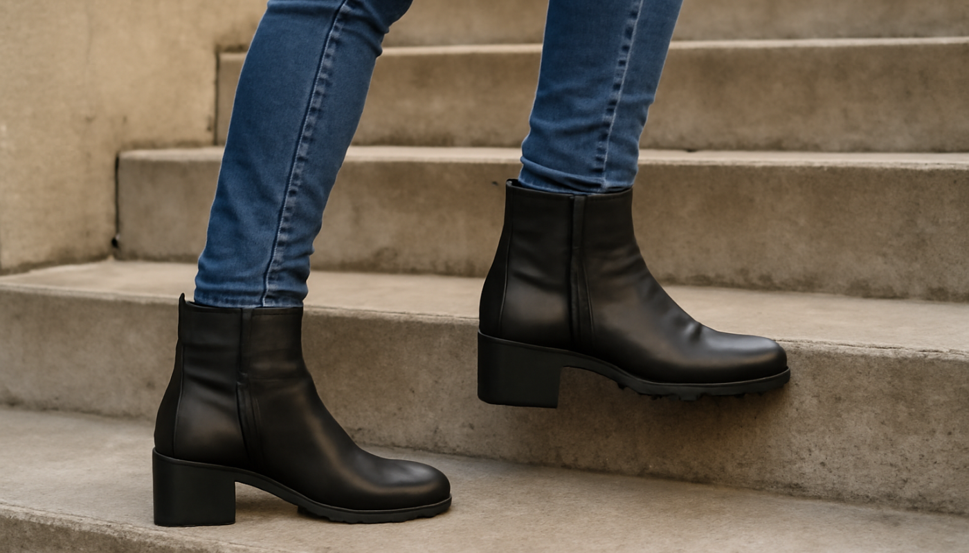 personne montant escalier en bottines différentes