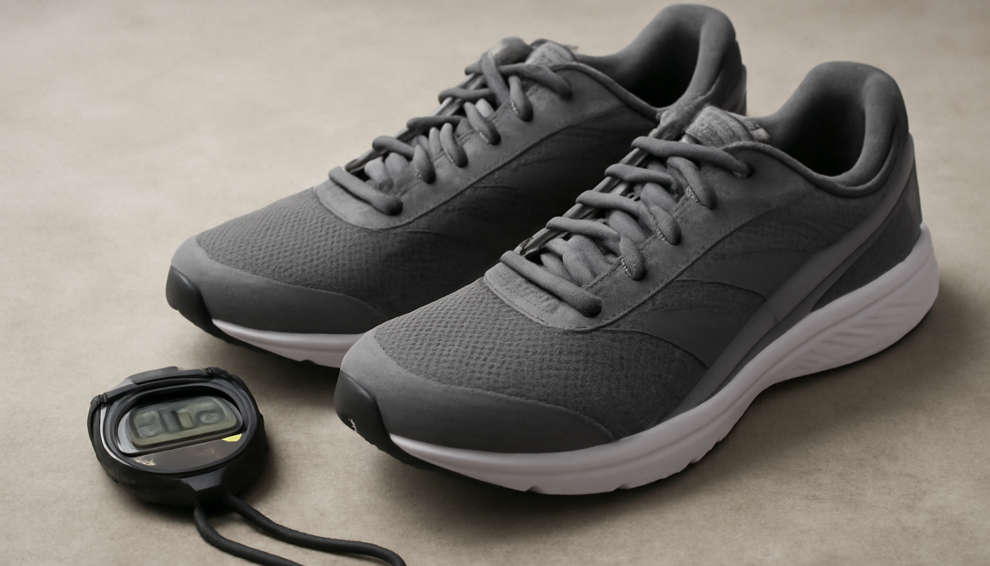paire de chaussures sport posée près d'un chronomètre