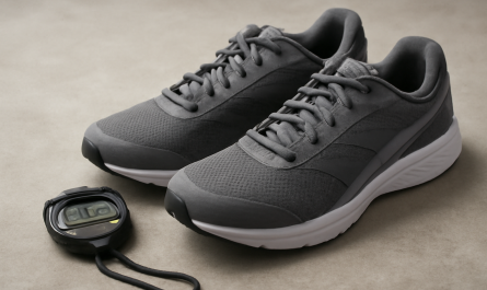 paire de chaussures sport posée près d'un chronomètre