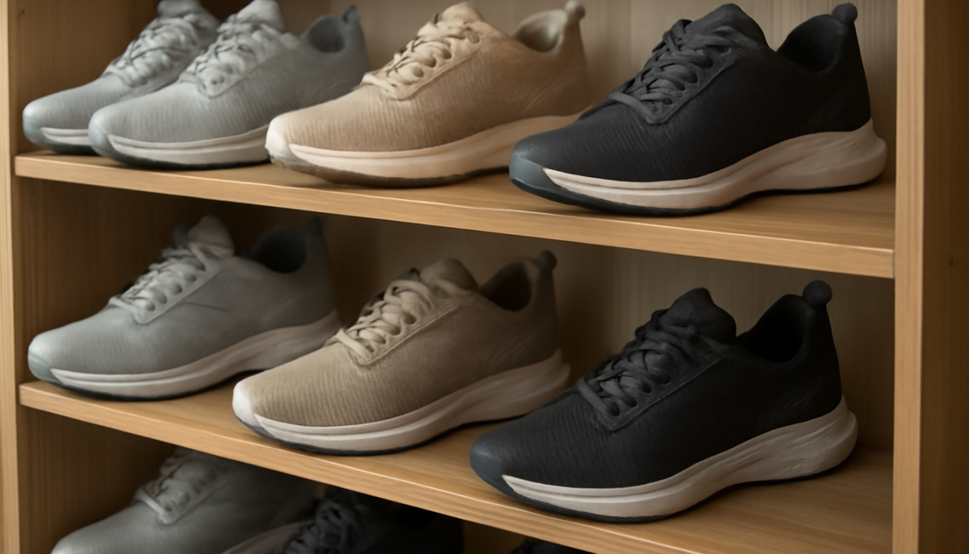 paires de chaussures sport sur étagère