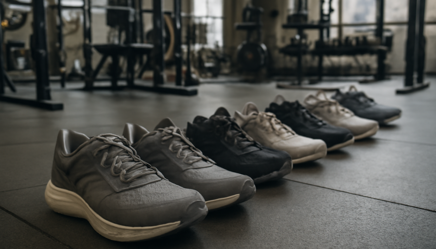 salle de sport avec plusieurs paires de chaussures