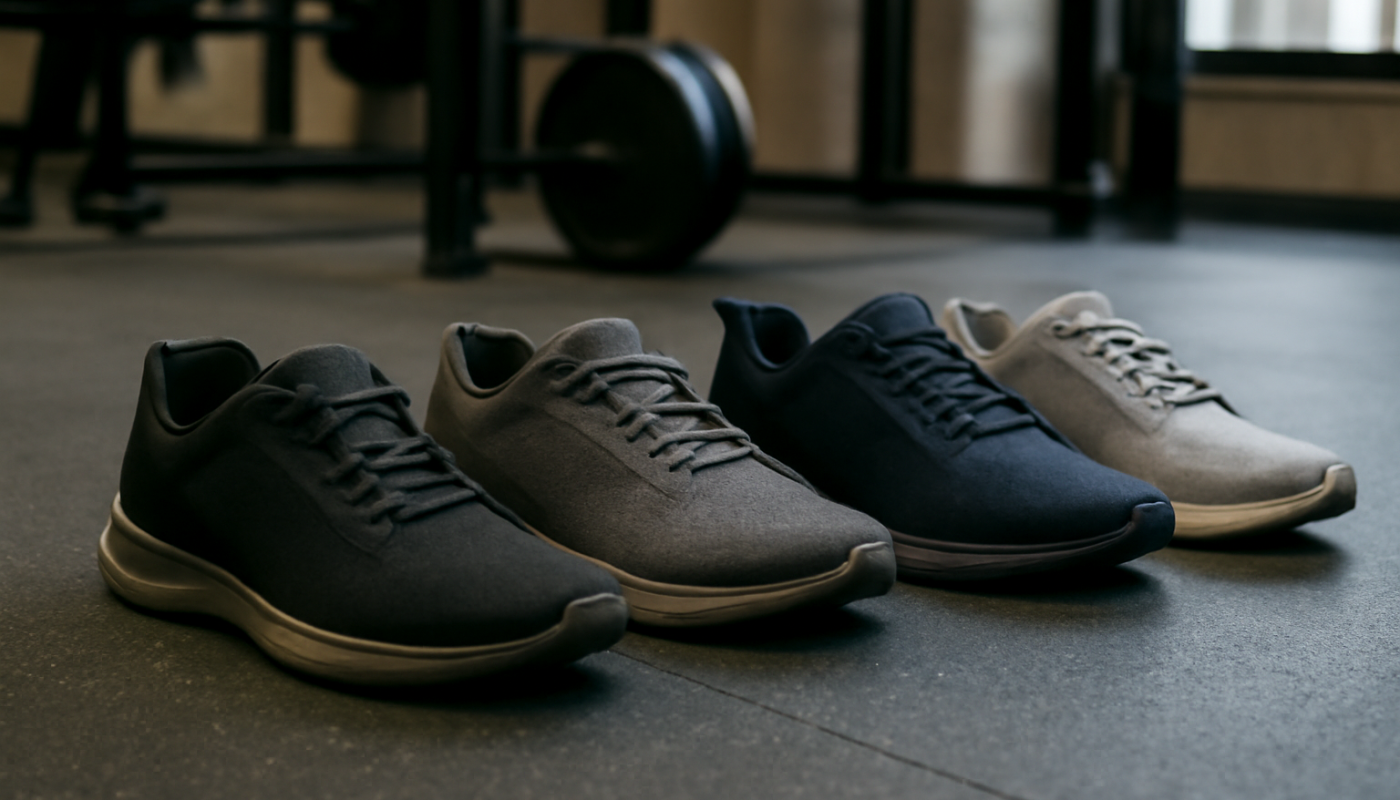 paires de chaussures d'entraînement alignées au gym