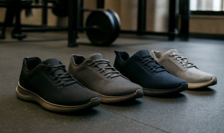 paires de chaussures d'entraînement alignées au gym