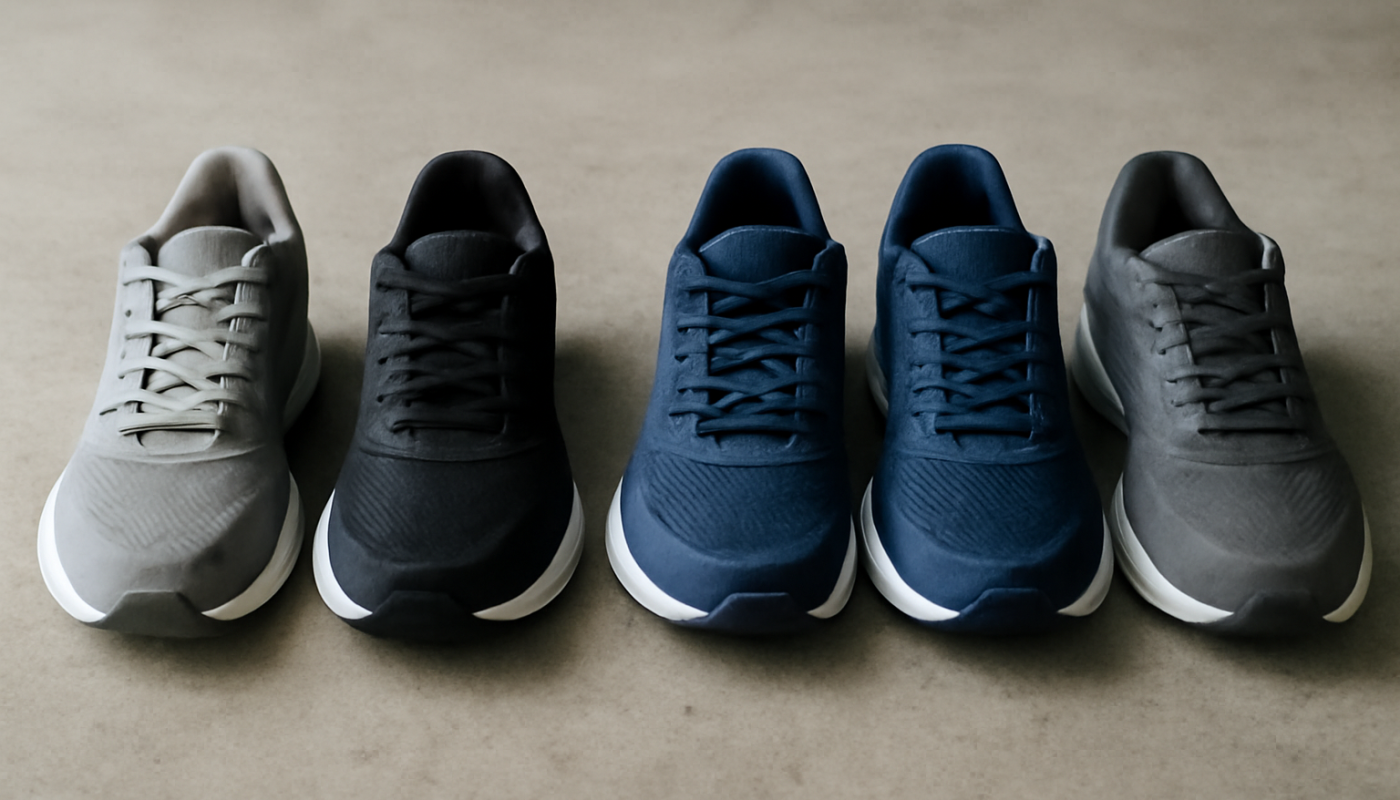 paires de chaussures sport alignées au sol