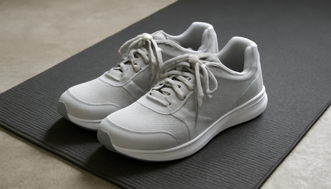 paire de baskets posées près d'un tapis de gym
