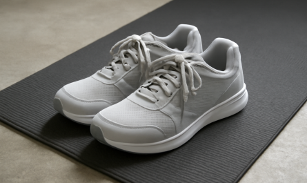 paire de baskets posées près d'un tapis de gym