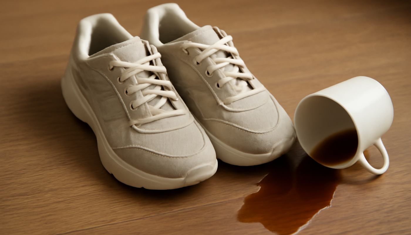 paire de baskets posée près d'une tasse renversée