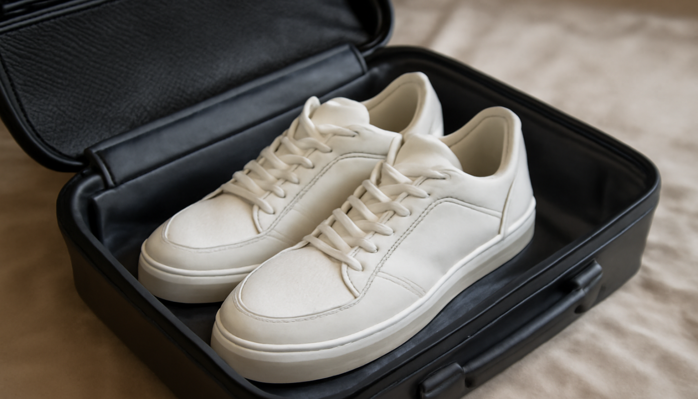 baskets glissées dans une valise ouverte