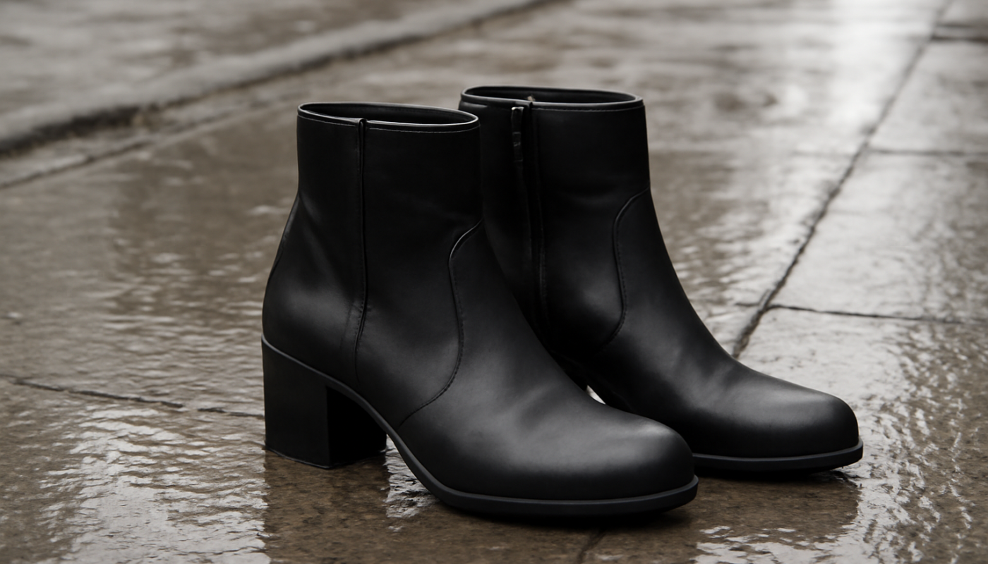 bottines posées sur trottoir mouillé