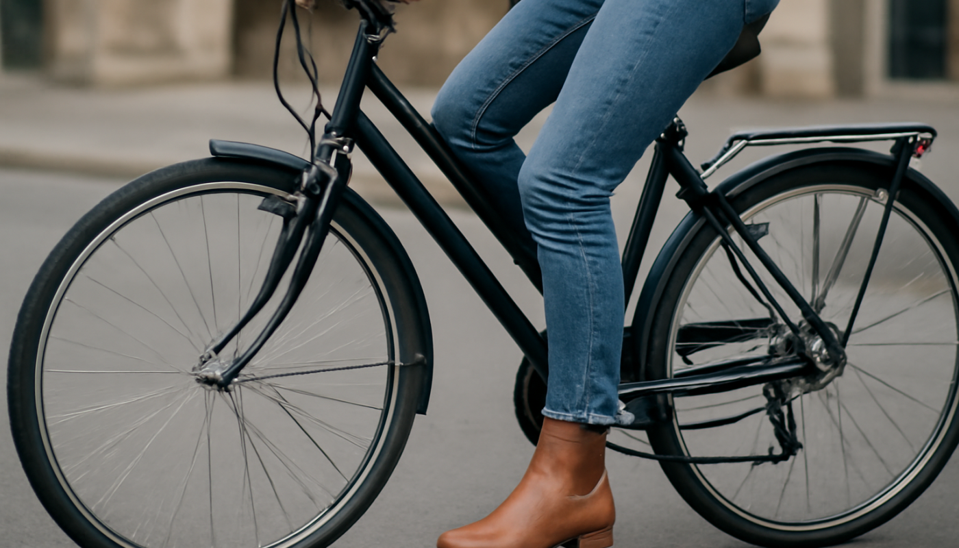 bottines portées par une femme à vélo urbain