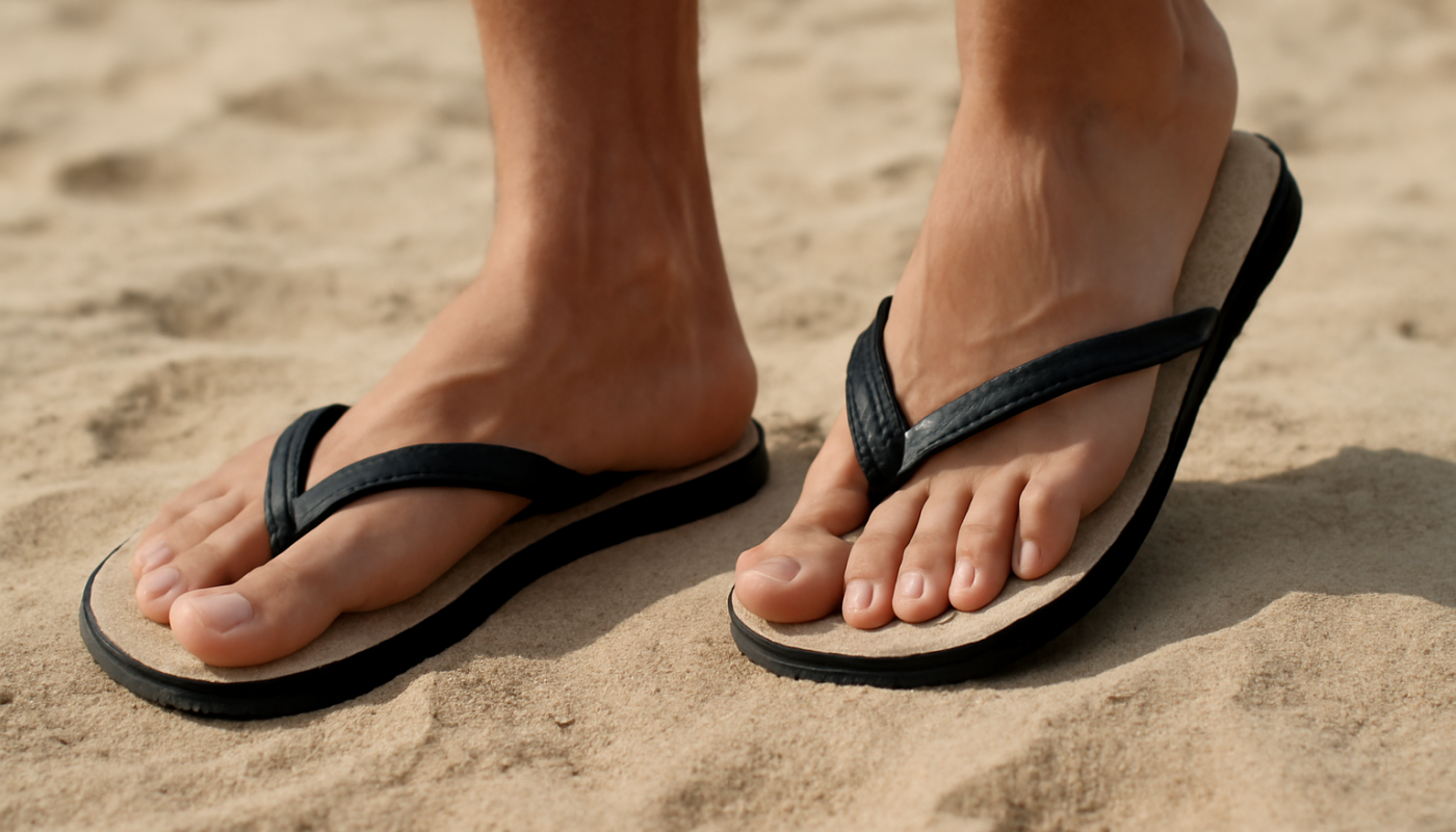 pieds chaussés de tongs marchant sur sable