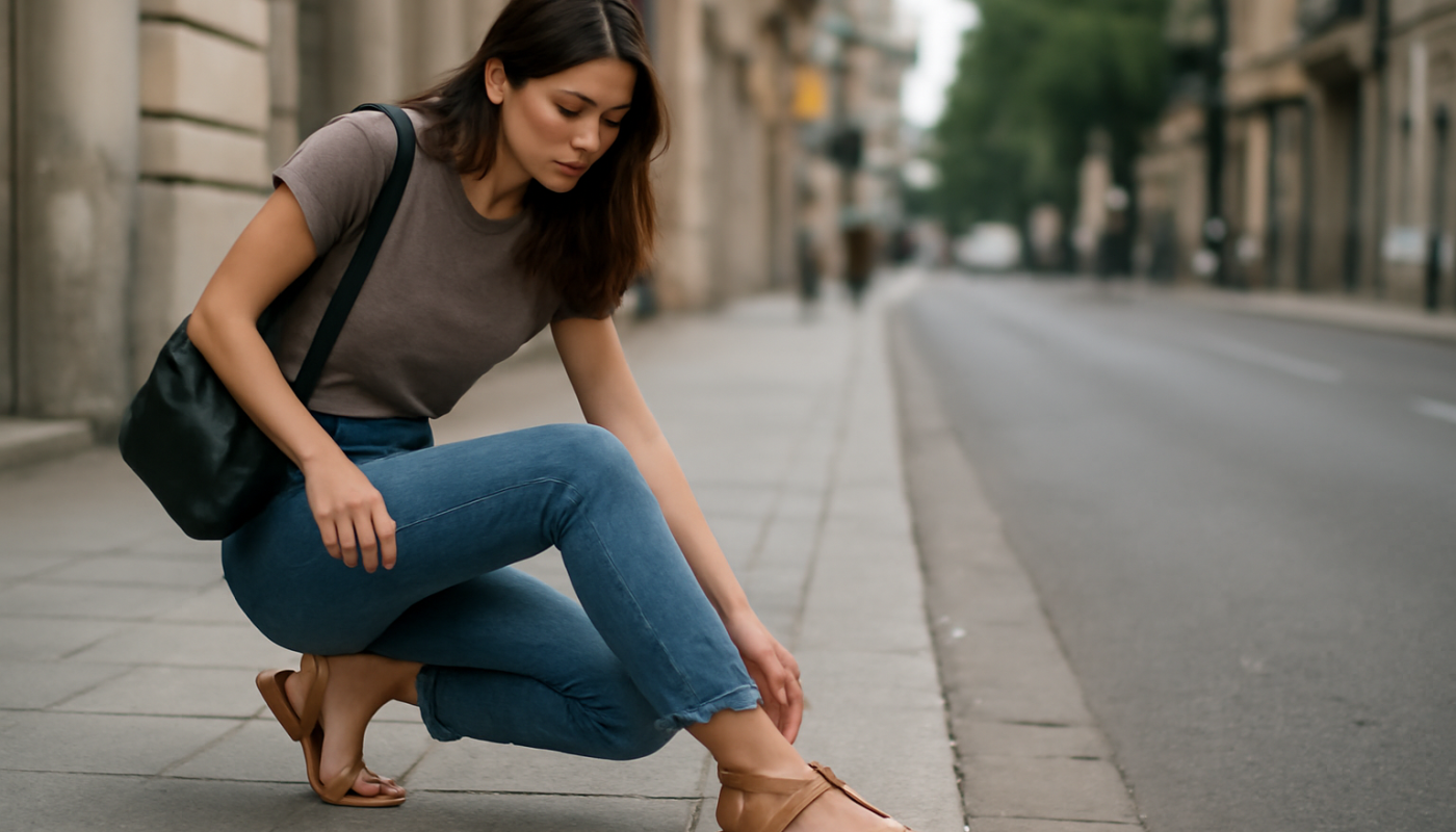 femme essayant des sandales en ville