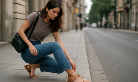 femme essayant des sandales en ville