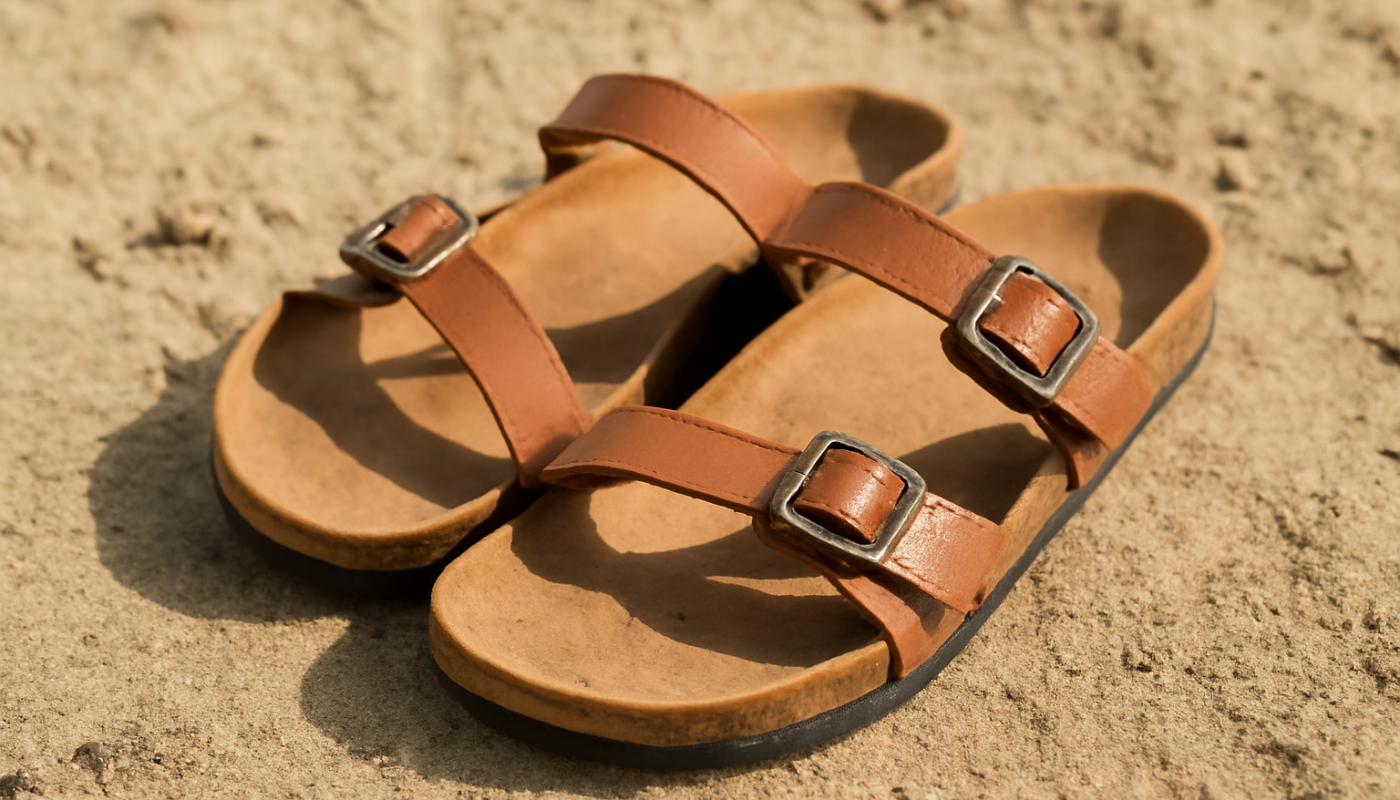 sandales à brides posées sur sol estival