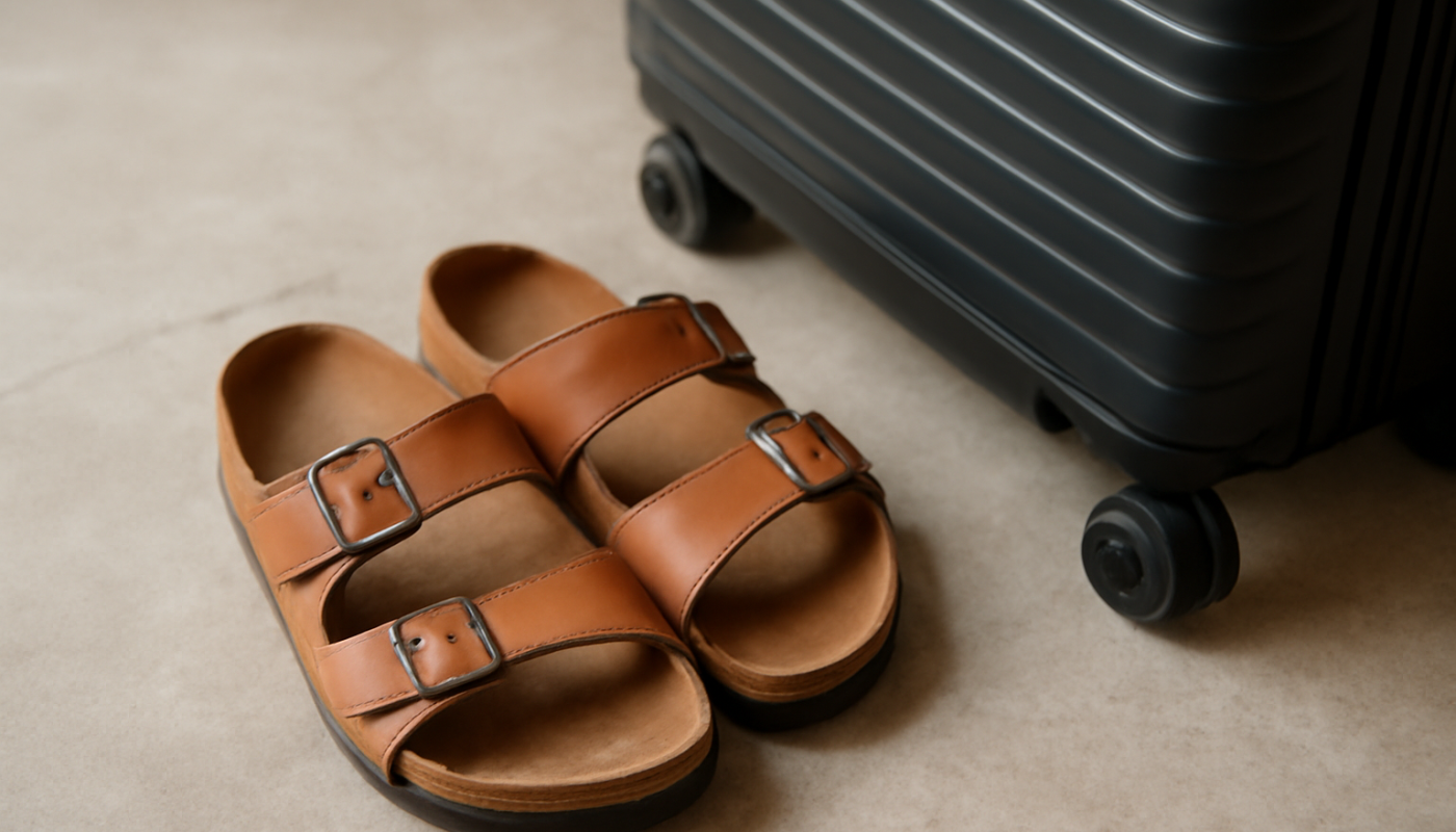 sandales posées près d'une valise