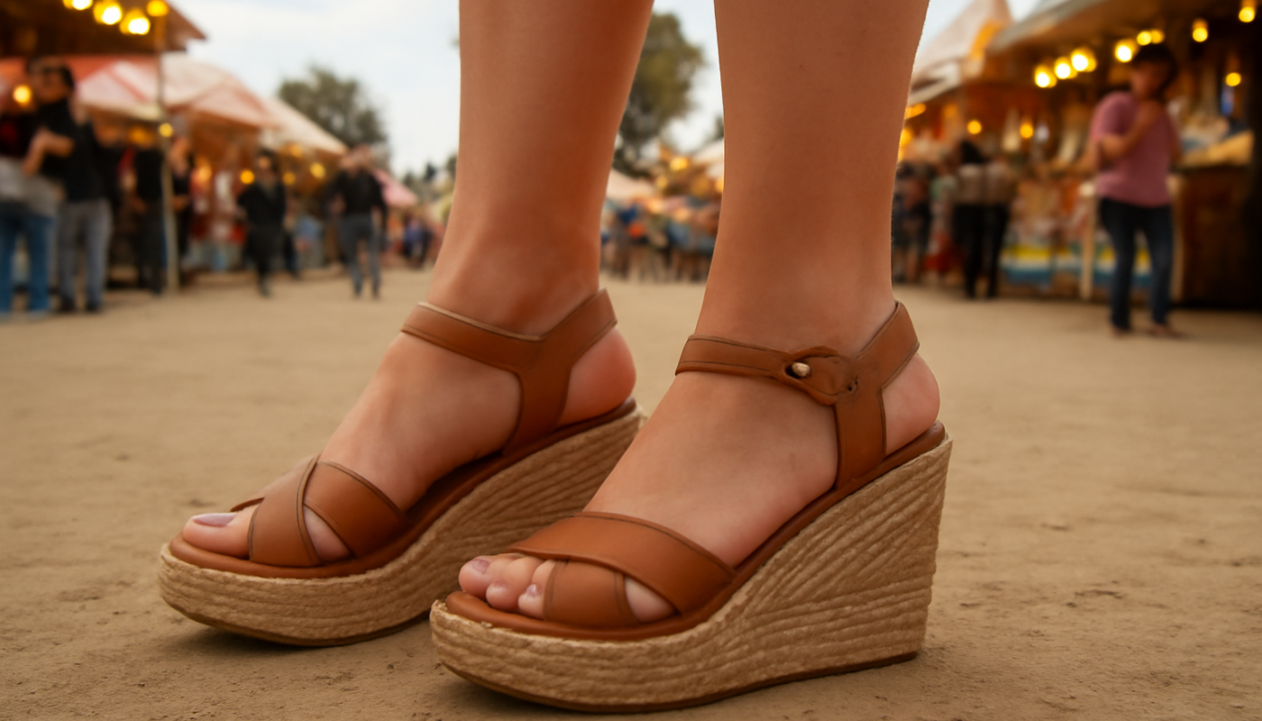 sandales compensées portées lors d'une foire en plein air