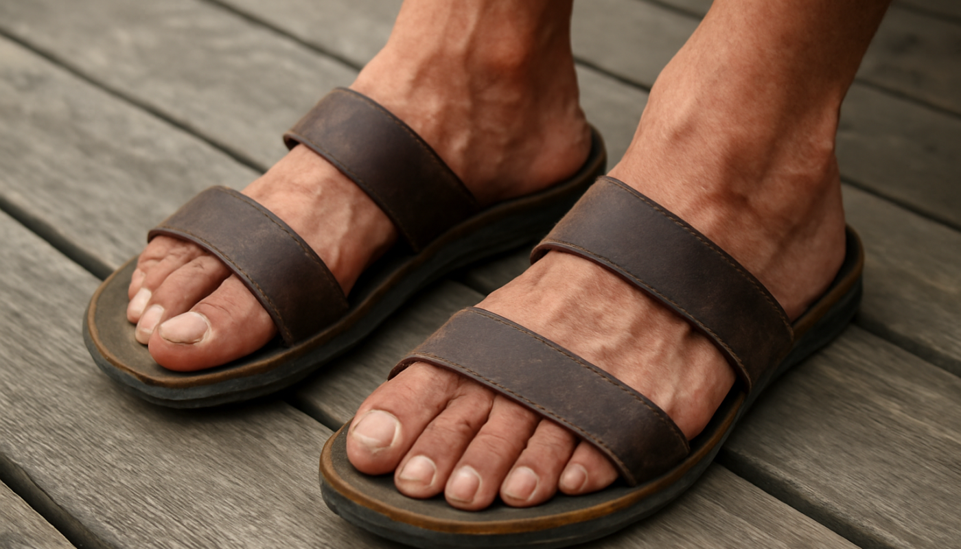 pieds fatigués dans des sandales sur une terrasse