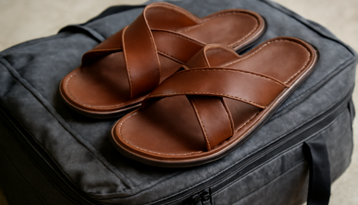 sandales posées sur sac de voyage