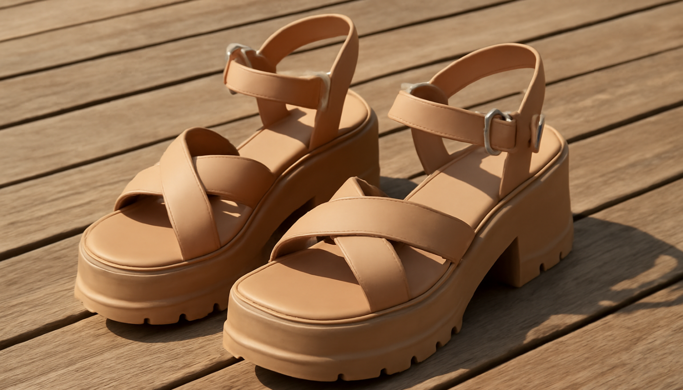 sandales à plateforme posées sur terrasse en bois